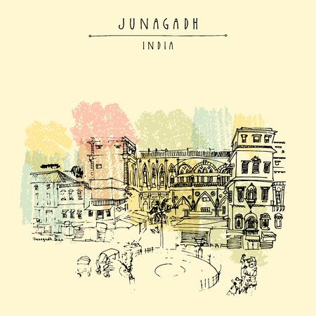 Old buildings in Junagadh, Gujarat, India. Hand drawn cityscape sketch. Travel art. Vintage artistic postcard template. Vector illustrationのイラスト素材