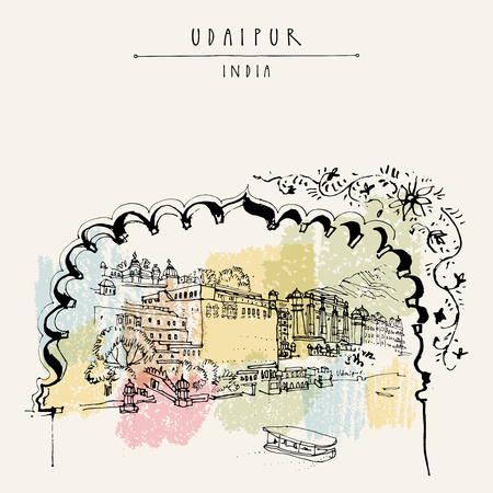 View of Udaipur, Rajasthan, India. Hand drawn cityscape sketch. Travel art. Vintage artistic postcard template. Vector illustrationのイラスト素材