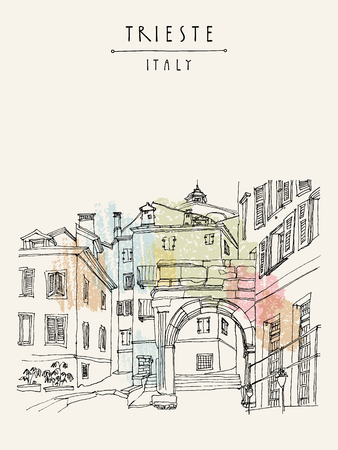 Remains of a Roman arch in Trieste's Old City, Trieste, Friuli-Venezia Giulia, Italy. Mediterranean houses. Artistic hand drawn travel sketch. Book illustration, calendar illustration, postcard, poster in vectorのイラスト素材
