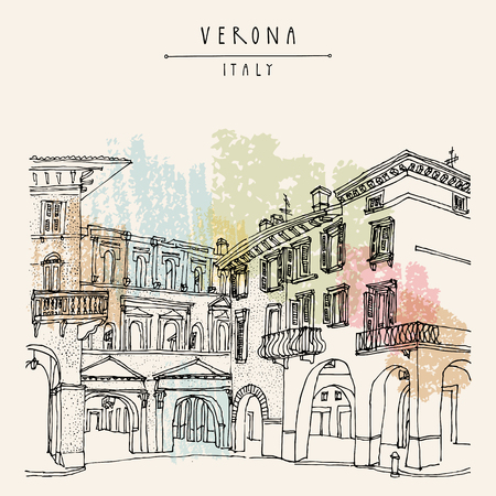 Verona, romantic Italian city of Romeo and Juliette. Old historic buildings. Travel sketch. Vector vintage hand drawn touristic postcardのイラスト素材