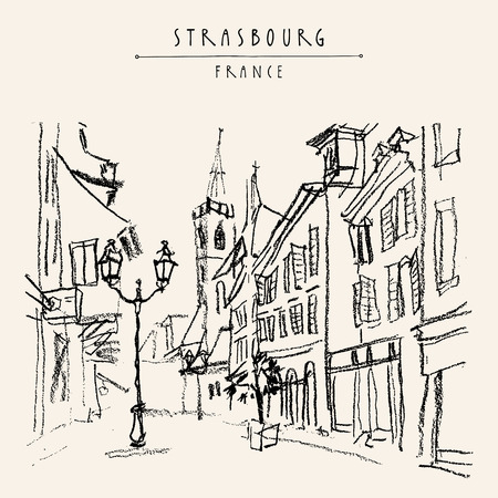 Strasbourg, France, Europe. Pedestrian street in old historic town. French architecture. Hand drawing. Travel sketch. Vintage touristic postcard, poster, calendar or book illustration in vectorのイラスト素材