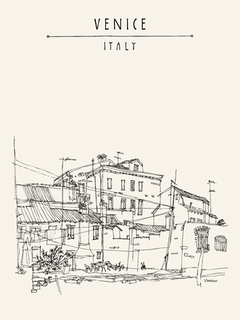 Canal bank in Venice, Italy, Europe. Historic buildings Vintage hand drawn travel sketch. Retro style touristic postcard, poster, calendar or book illustration in vectorのイラスト素材