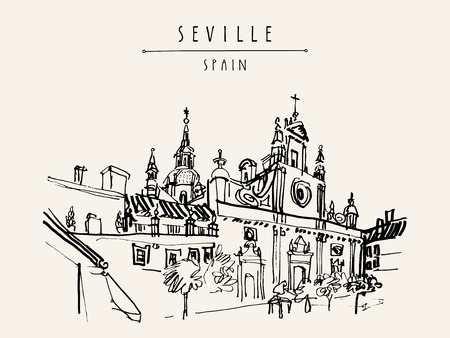 Church of El Salvador in Seville, Andalusia, Spain, Europe. Spanish historical building, Baroque style, 17-18th century.Travel sketch. Handdrawn book illustration, touristic postcard or poster. Vectorのイラスト素材
