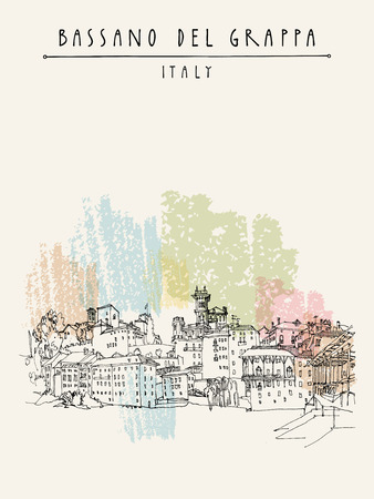 Bassano del Grappa, Italy. Panoramic view, waterfront. Italian historic buildings in old town. Retro style touristic postcard, poster template or book illustration in vectorのイラスト素材