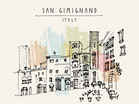 San Gimignano, Tuscany, Italy. Tall medieval towers. Historic old town. Italian Renaissance architecture. Travel sketch. Vintage hand-drawn postcard, touristic poster or book illustration in vectorのイラスト素材