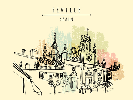 Church of El Salvador in Seville, Andalusia, Spain, Europe. Spanish historical building, Baroque style, 17-18th century.Travel sketch. Handdrawn book illustration, touristic postcard or poster. Vectorのイラスト素材