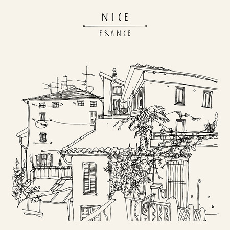 Antique houses in Nice, France, Europe. Cozy European town on French Riviera.  Mediterranean chic. Hand drawing. Travel sketch. Vintage touristic postcard, poster or book illustration in vectorのイラスト素材