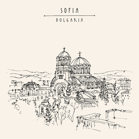 Sofia, Bulgaria. Hand drawing in retro style. Travel sketch. Vintage touristic postcard, poster, calendar or book illustration in vectorのイラスト素材