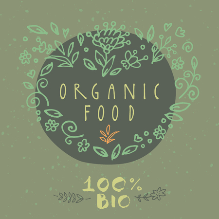 Retro style 100% bio organic gluten free eco bio healthy food restaurant menu label template with floral and vintage elementsのイラスト素材