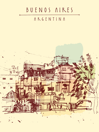 Villa 31, poor dangerous criminal ghetto favela district in Buenos Aires, Argentina, South America. Hand-drawn vintage book illustration, postcard or poster in vectorのイラスト素材