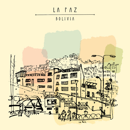 View of La Paz, Bolivia. Bus station, houses, Andes mountains. Vintage artistic hand drawn postcard, poster template, book illustration in vectorのイラスト素材
