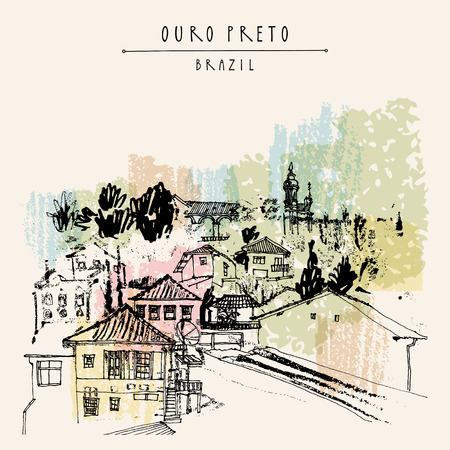 Houses and churches on the hills of Ouro Preto gorgeous town, Minas Gerais state, Brazil, South America. Vintage hand drawn postcard, book illustration or poster template in vectorのイラスト素材