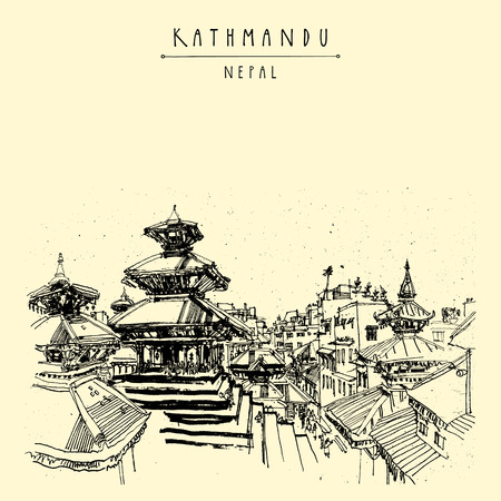 Durbar square and Maju Deval temple in Basantapur, Kathmandu, Nepal, before earthquake. Travel sketch. Hand drawing. Vintage touristic postcard in vectorのイラスト素材