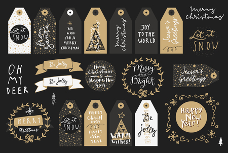 Set of Merry Christmas and Happy New Year vintage hand drawn greeting cards. Gift tags, postcards, calligraphic artwork in vector.のイラスト素材