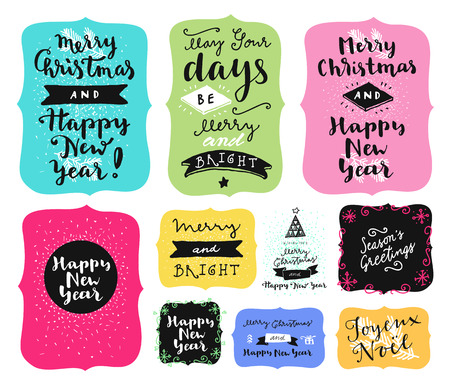 Set of Merry Christmas and Happy New Year vintage hand drawn, badges, quotes and phrases in vintage colors. For gift tags, postcards, posters. Modern calligraphic artwork in vectorのイラスト素材
