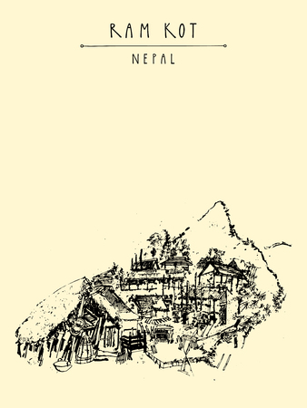 Ram Kot village in Nepal. Traditional Nepalese houses in the Himalayan mountains. Trekking destination. Vintage touristic postcard in vectorのイラスト素材