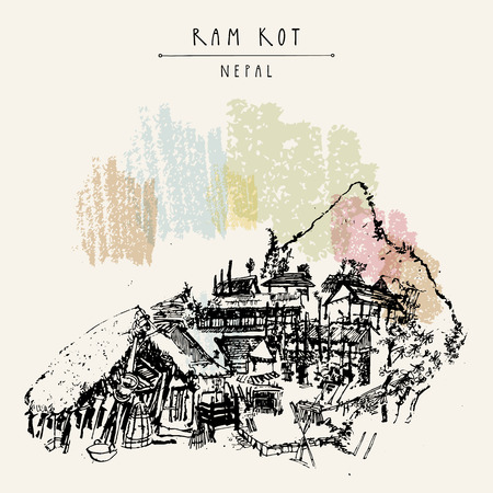Ram Kot village in Nepal. Traditional Nepalese houses in the Himalayan mountains. Trekking destination. Vintage touristic postcard in vectorのイラスト素材