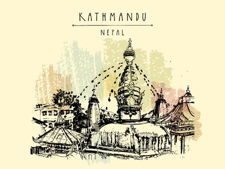 Swayambhu temple in Kathmandu, Nepal, before the earthquake. Travel sketch. Artistic hand drawing. Vintage touristic postcard, poster, book illustration in vectorのイラスト素材