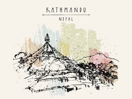 Boudhnath, Tibetan temple in Kathmandu, Nepal, Asia. Travel sketch. Vintage hand drawn touristic postcard, poster, book illustration in vectorのイラスト素材