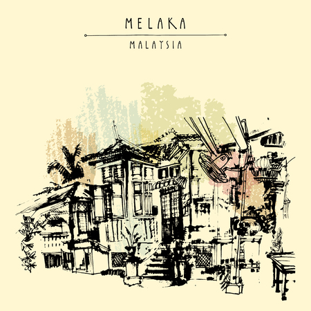 An old Chinese wooden house in Melaka, Malaysia, Southeast Asia. Travel sketch. Hand drawn touristic vintage postcard, poster or book illustration in vectorのイラスト素材