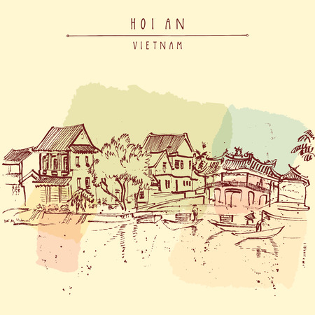 Hoi An, ancient seaside fishing village, Vietnam. Old town riverside. Historic bridge. Waterfront houses, river. Hand drawn travel poster, banner, postcard or calendar page idea. Vector illustrationのイラスト素材