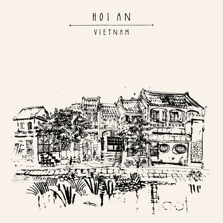 Hoi An, ancient seaside fishing village, Vietnam. Old town riverside. Historic district. Waterfront houses, river. Hand drawn travel poster, banner, postcard or calendar page idea. Vector illustrationのイラスト素材