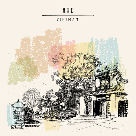 Hue, Vietnam, Southeast Asia. Temples and trees in Forbidden City. Traditional Vietnamese culture. Artistic postcard in vectorのイラスト素材