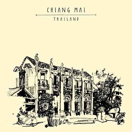 Chiang Mai, Thailand, Asia. Nice eclectic style building with reliefs and sculptures. Vintage hand drawn postcard template or book illustration in vectorのイラスト素材