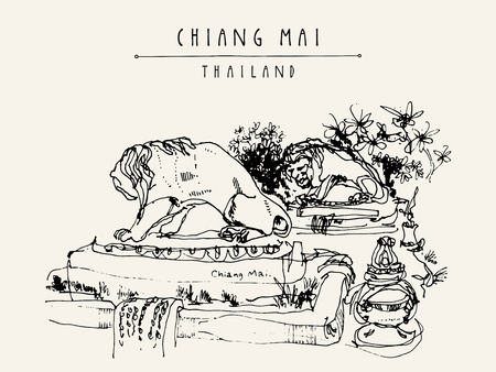 Chiang Mai, Thailand. Nice eclectic style building entrance with sculptures of lions. Travel sketch. Vintage hand drawn touristic postcard, poster, book illustration in vectorのイラスト素材