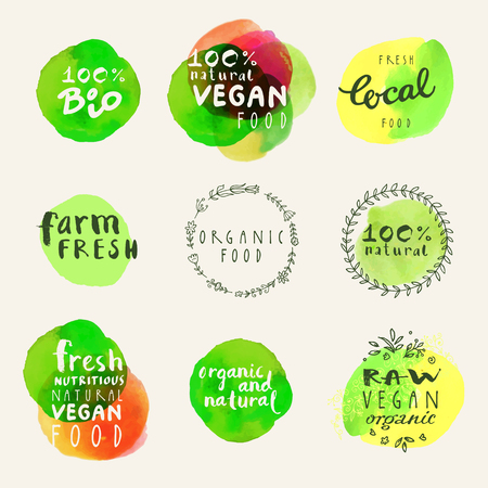 Watercolor organic labels collection. Retro style set of 100% bio organic gluten free eco bio food restaurant menu logo label templates with floral and vintage elements and watercolour splashes in vectorのイラスト素材