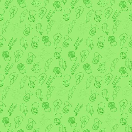 Hand-drawn seamless pattern with healthy foods in green colors. Banana, lemon, spinach, cinnamon, spirulina, lettuce, avocado, cucumber, coconut. Vector illustrationのイラスト素材