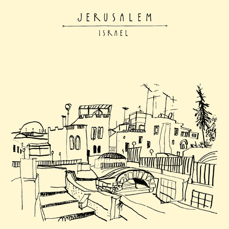 Jerusalem, Israel. Handmade brush ink drawing. Postcard greeting card template. Freehand travel sketch isolated in vector. Hand lettered titleのイラスト素材