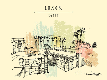 Luxor temple, Egypt. Ancient Egyptian temple complex on the Nile River in ancient city of Thebes. Amenhotep's colonnade/ Handdrawn touristic postcard, poster or book illustration in vectorのイラスト素材