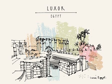 Luxor temple, Egypt. Ancient Egyptian temple complex on the Nile River in ancient city of Thebes. Amenhotep's colonnade/ Handdrawn touristic postcard, poster or book illustration in vectorのイラスト素材
