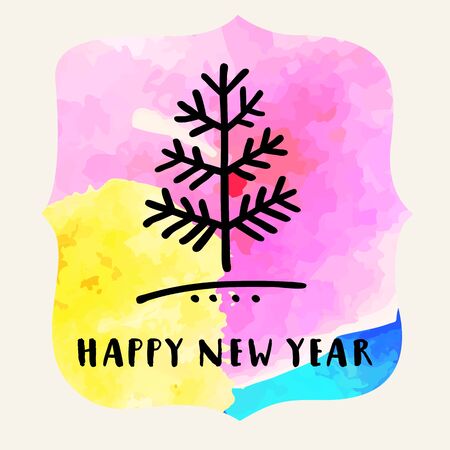 Happy New Year creative artistic hand drawn greeting card on a cheerful party background with a pine tree on watercolor wash. Hand lettering. Happy New Year message in a retro style in vectorのイラスト素材