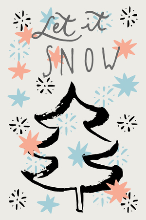 Let It Snow. Merry Christmas vintage hand drawn greeting cards, gift tag, postcard, poster. Calligraphic artwork, vector illustration.のイラスト素材