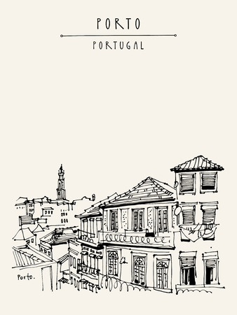 Porto (Oporto), Portugal, Europe. Street in old town, nice houses and a church. Hand drawing in retro style. Travel sketch. Vintage touristic postcard, poster, calendar or book illustration in vectorのイラスト素材