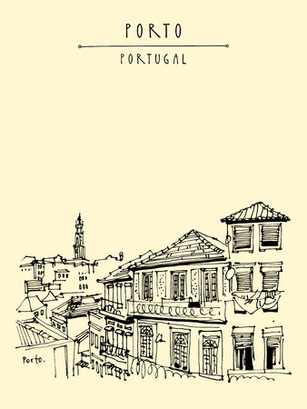Porto (Oporto), Portugal, Europe. Street in old town, nice houses and a church. Hand drawing in retro style. Travel sketch. Vintage touristic postcard, poster, calendar or book illustration in vectorのイラスト素材