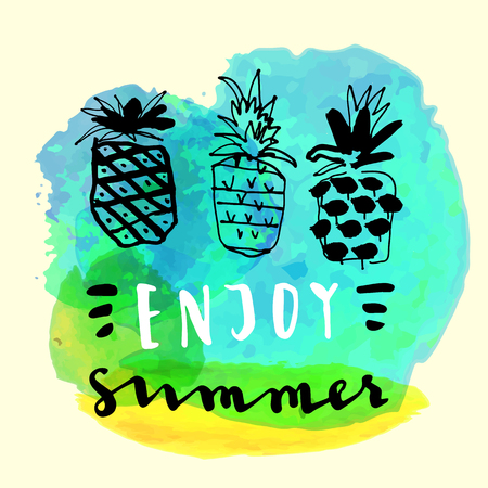 Enjoy Summer. Handwritten inspirational summer quote. Greeting card with pineapples and watercolor blot. Vector illustration, good for T-shirt designのイラスト素材
