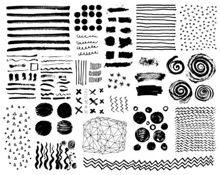 Vector set of grungy hand drawn textures. Lines, circles, crosses, smears, spirals, waves, brush strokes, triangles. Hand drawn elements for your graphic designのイラスト素材