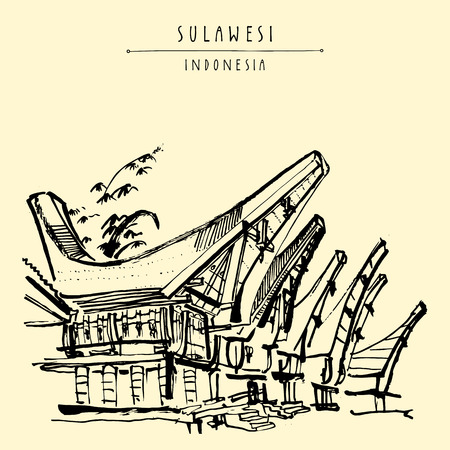 Traditional tongkonan houses in Tana Toraja, Sulawesi, Indonesia, Asia. Travel sketch. Hand-drawn vintage book illustration, greeting card, postcard or poster template in vectorのイラスト素材