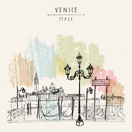 Gondola pier in Venice, Italy. Boat service station and Lido island. Hand drawing. Vintage artistic book illustration. Travel sketch. Retro style touristic postcard, poster, greeting card in vectorのイラスト素材