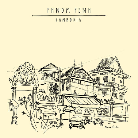 Phnom Penh cityscape, Cambodia, Southeast Asia. Street life around Wat Ounalom, main Cambodian Buddhist temple. Artistic hand drawn travel postcardのイラスト素材