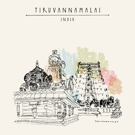 Tiruvannamalai, Tamil Nadu, India. Hindu temple, gopurams, holy cow statue.のイラスト素材