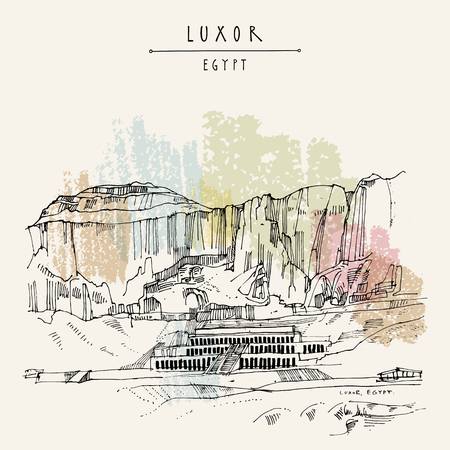 Luxor, Egypt. Temple of Hatshepsut (Dayr el-Bahri), with the cliffs behind. Colonnaded structure on the West bank of the Nile near the Valley of the Kings. Hand drawn vintage travel postcard in vectorのイラスト素材