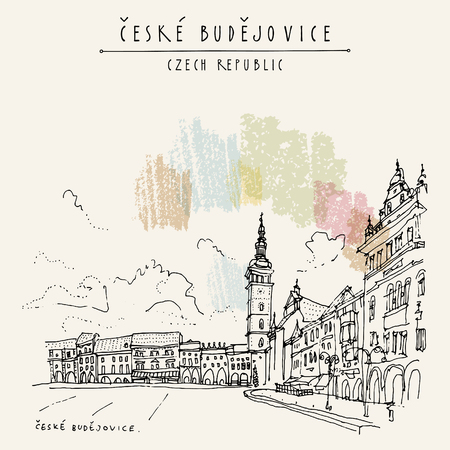 Ceske Budejovice (Budweis), South Bohemia, Czech Republic, Europe. European cityscape. Travel sketch. Hand drawn vintage touristic postcard, poster, book or calendar illustration in vectorのイラスト素材