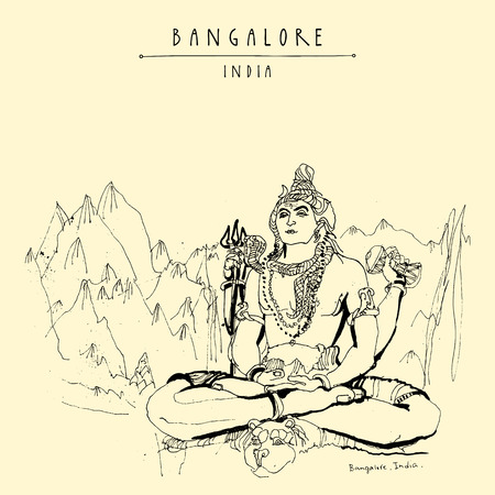 Bangalore (Bengaluru), Karnataka, India. Shiva statue at Shiva temple. Travel sketch. Vintage hand drawn postcard template. Vectorのイラスト素材