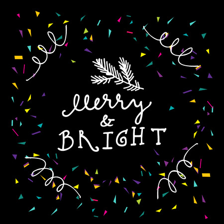 Merry and Bright. Merry Christmas calligraphy artistic greeting card with confetti on black background in vectorのイラスト素材