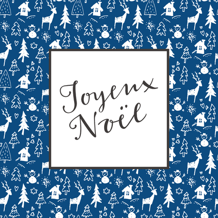 Joyeux Noel. French Merry Christmas calligraphy artistic greeting card on blue and white seamless background in vectorのイラスト素材