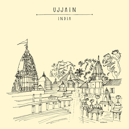 Mahakal Mandir (Mahakaleshwar Temple) in holy city of Ujjain, Madha Pradesh, India. Artistic travel sketch. Vintage hand drawn postcard in vectorのイラスト素材